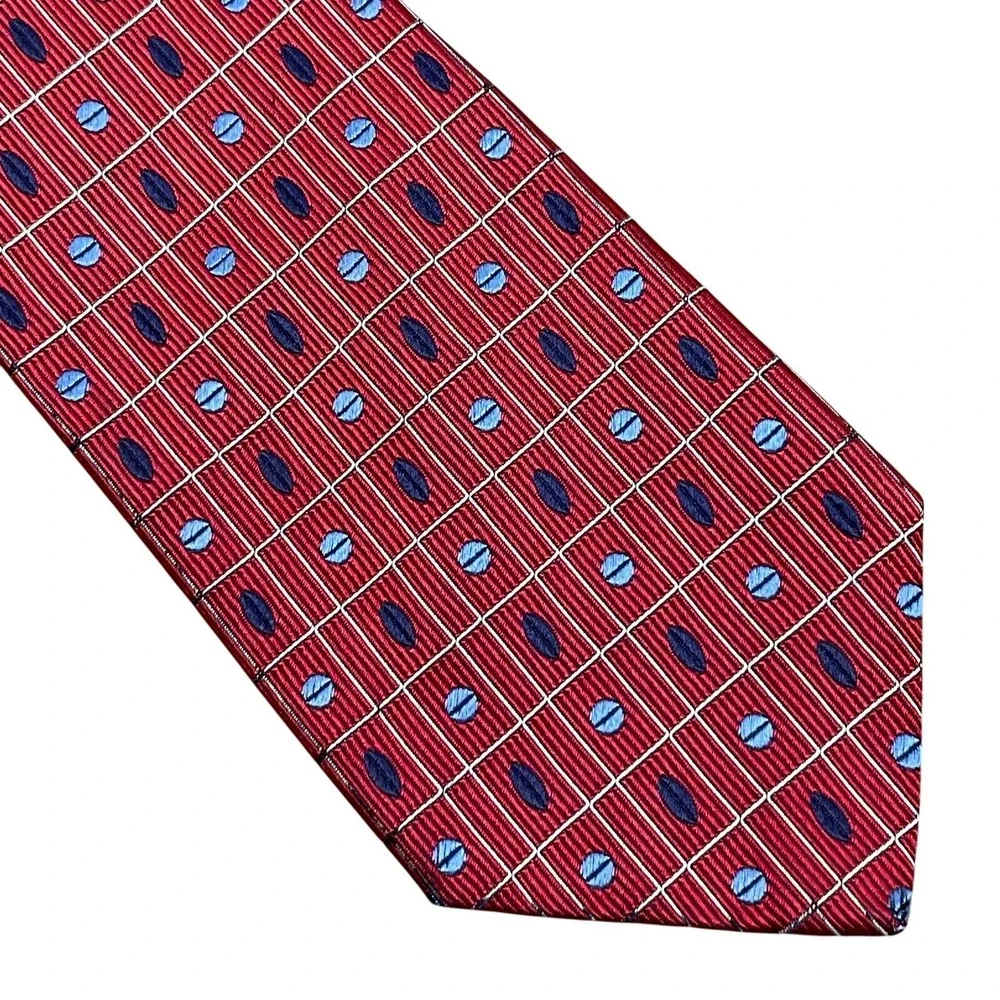 Turnbull & Asser‎ Silk Necktie Red Blue White Geometric England 3.5